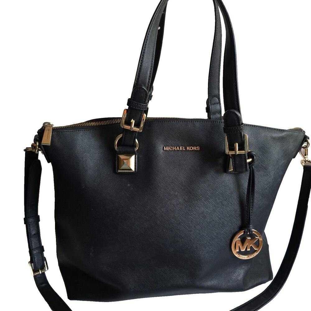 MICHAEL KORS KARLA TOP ZIP SATCHEL MEDIUM SAFFIANO LEATHER HANDBAG PURSE BLACK